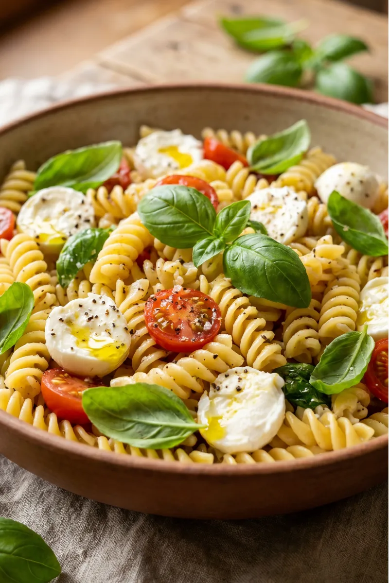 Fresh Basil Pasta Salad with Mozzarella and Tomatoes